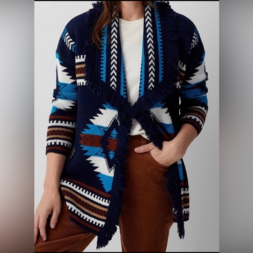 NEW Cocogio Made Italy Open Front Wool Blend Cardigan w/Aztec Pattern & Fringe S